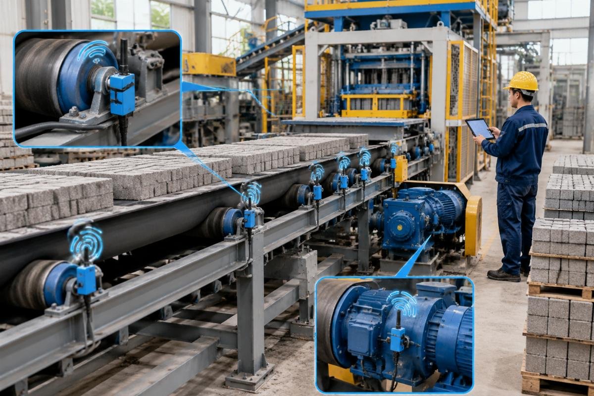 Illustration of IoT sensor placement on conveyor idlers and drive units for real-time monitoring