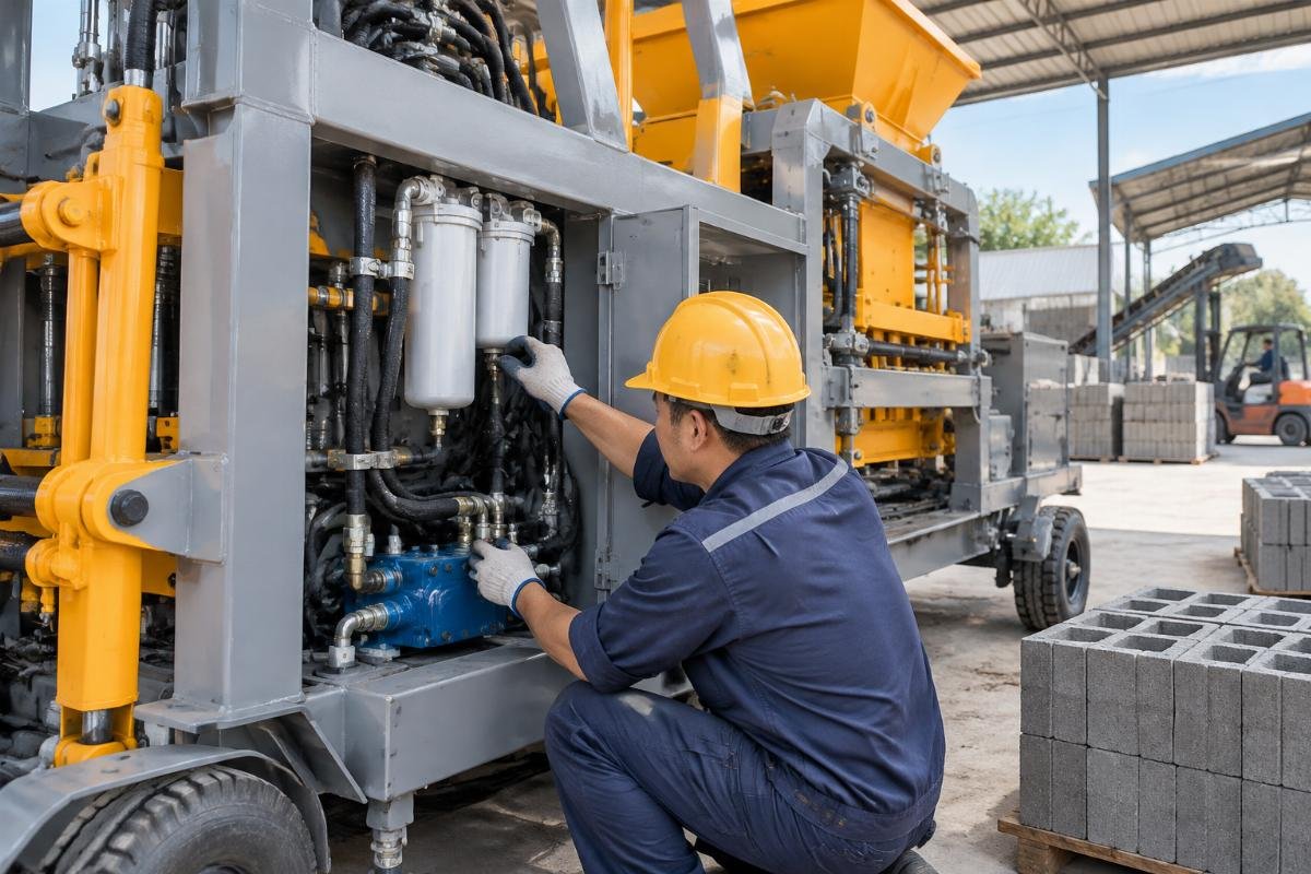 Illustration of the maintenance access points on the QMY10-15 mobile block machine, showing easy reach to hydraulic filters and grease nipples