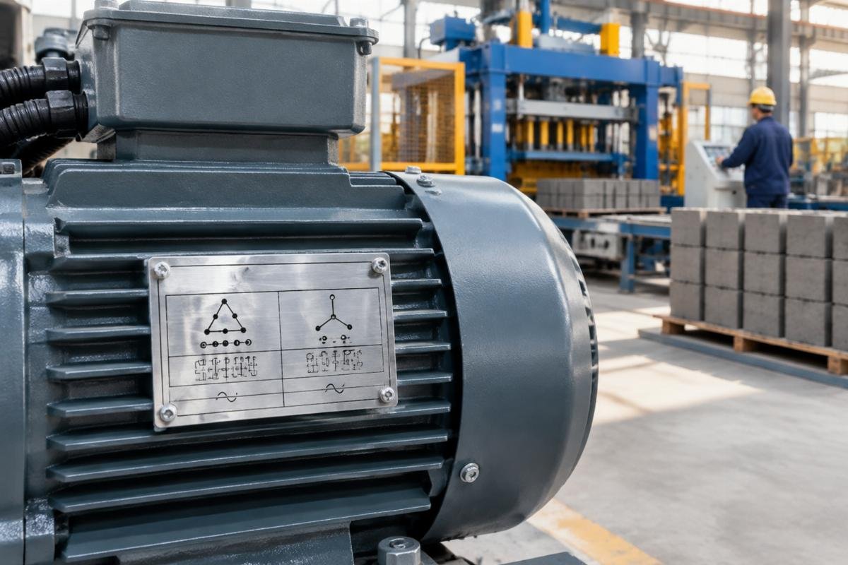 Image of a motor nameplate showing dual voltage and frequency ratings for international use
