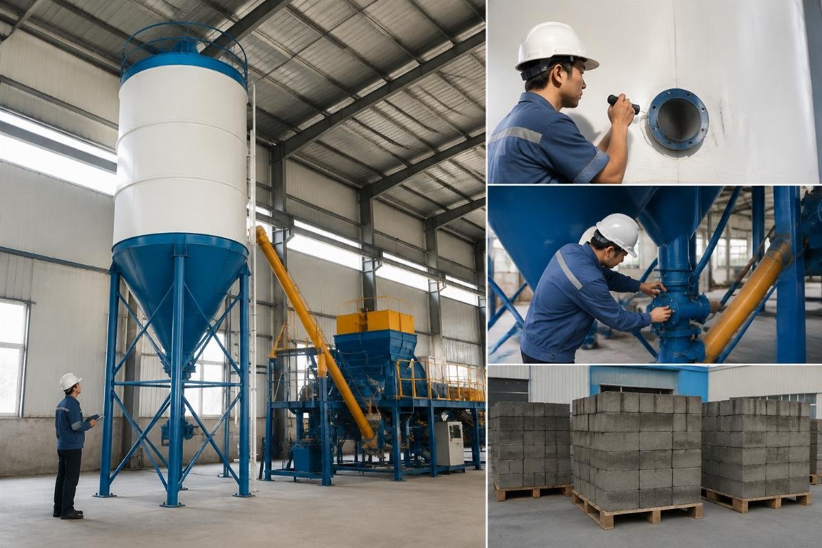 Infographic checklist for cement silo pre-shipment verification including interface and site checks