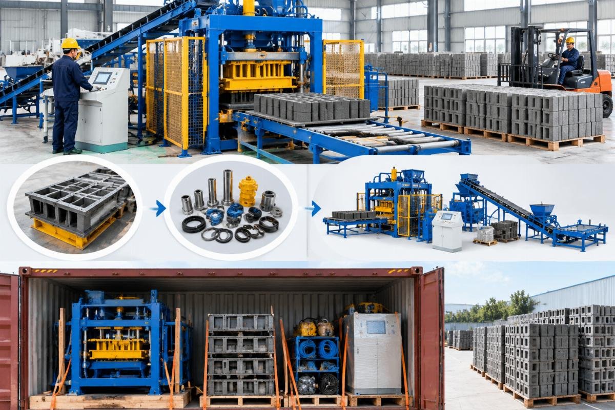 Infographic illustrating how mold sets and spare parts are integrated into the container loading plan alongside the main machine