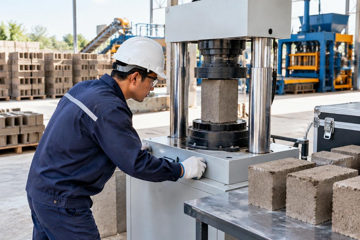 Inspector performing compressive strength test on cured CEB samples in a field laboratory