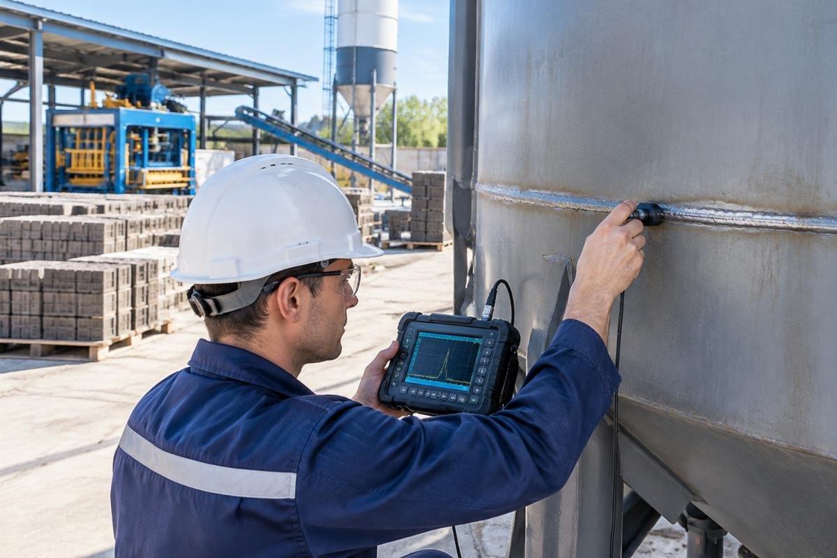 Inspector performing ultrasonic testing on silo weld seam with digital readout