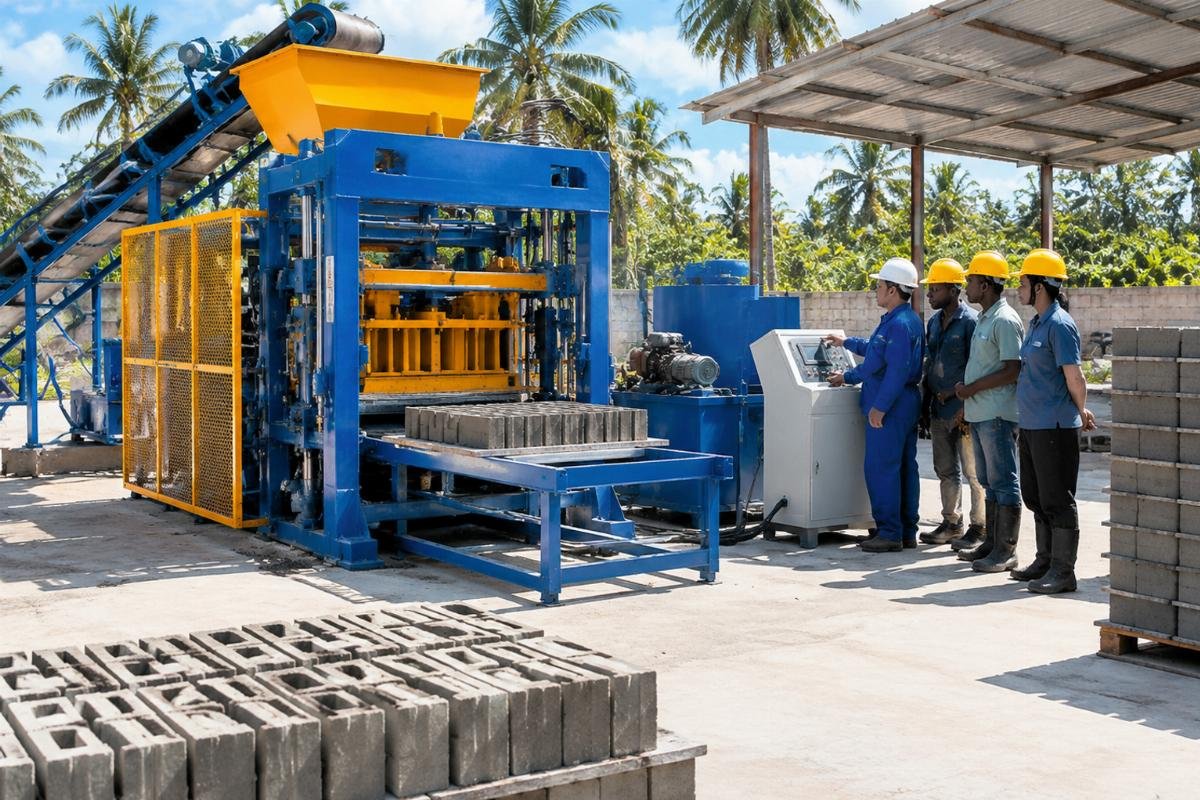 Interlocking block machine setup in a tropical outdoor site with local operators receiving hands-on training