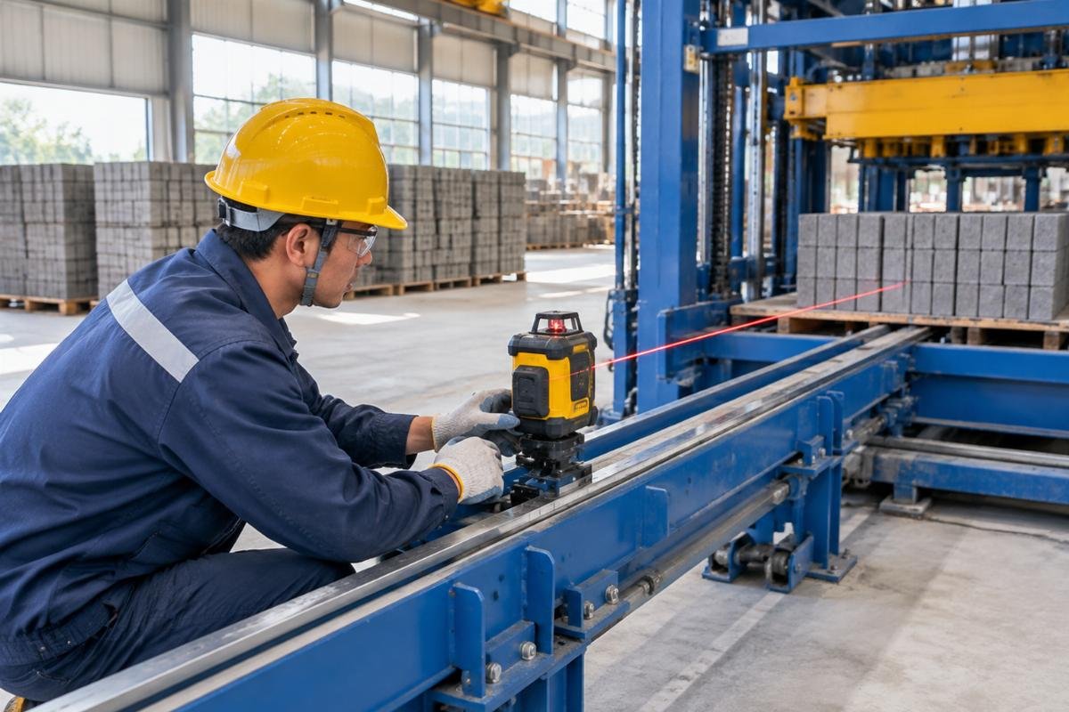 Laser leveling tool checking the horizontal alignment of block cuber guide rails in a precast plant