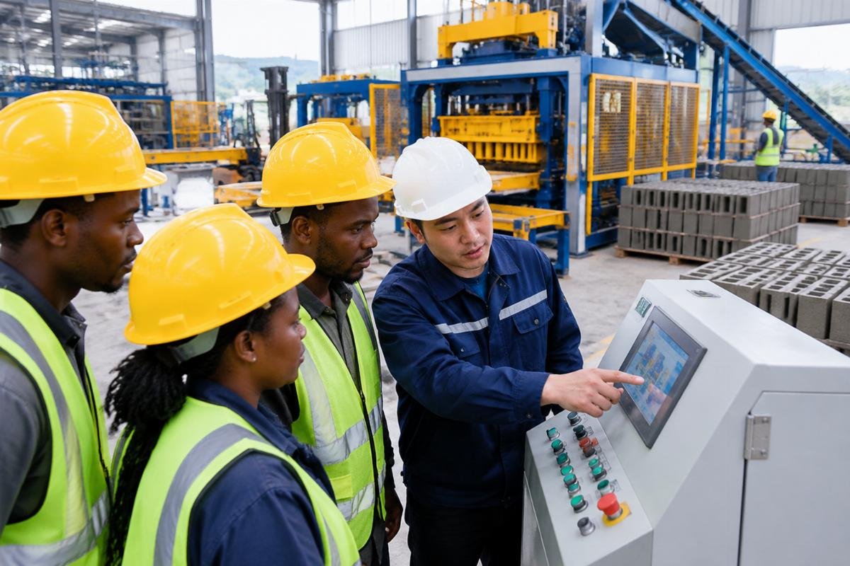 Local operators receiving hands-on training on a PLC control panel, illustrating the focus on skill transfer for a QT12-15 block machine manufacturer for Ethiopia govt projects