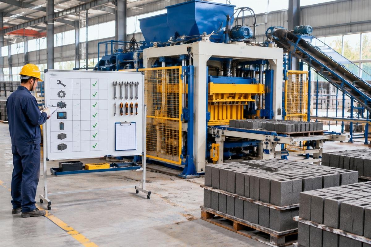 Maintenance checklist board displayed next to a QT series block machine in a precast plant