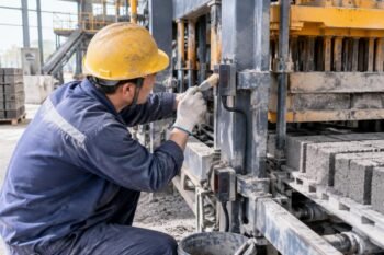Maintenance technician cleaning photoelectric sensors on a block cuber in a dusty environment