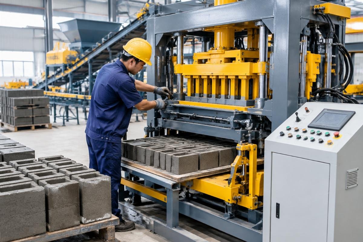Operator adjusting the feed shoe height and vibration controls on a fully automatic block machine during test run