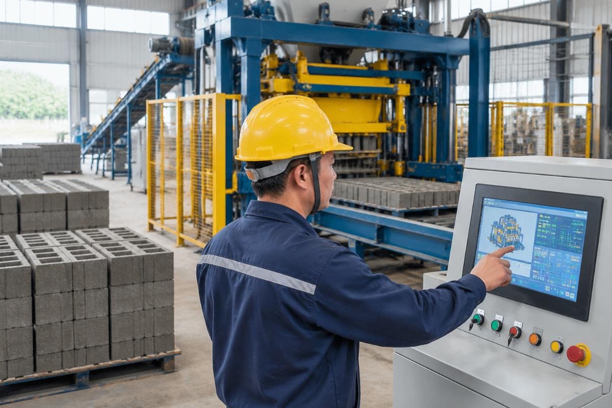 Operator monitoring PLC data and cycle times on a modern block machine control panel