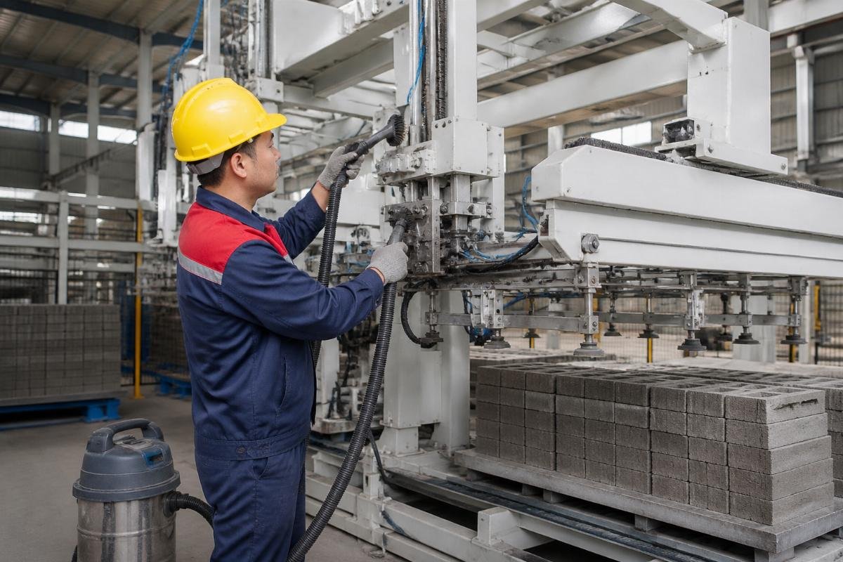 Operator performing daily dry vacuuming and sensor lens cleaning on a block palletizer in a fly ash plant