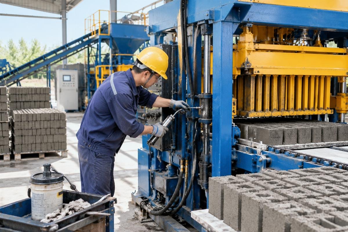 Operator performing daily lubrication and inspection on a block making machine