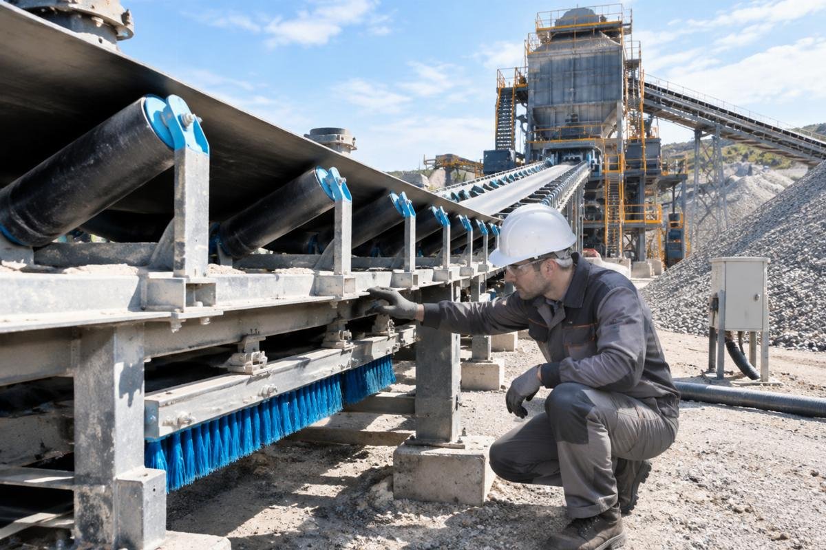 Photo of a maintenance technician inspecting conveyor idlers and cleaning systems in an aggregate handling plant
