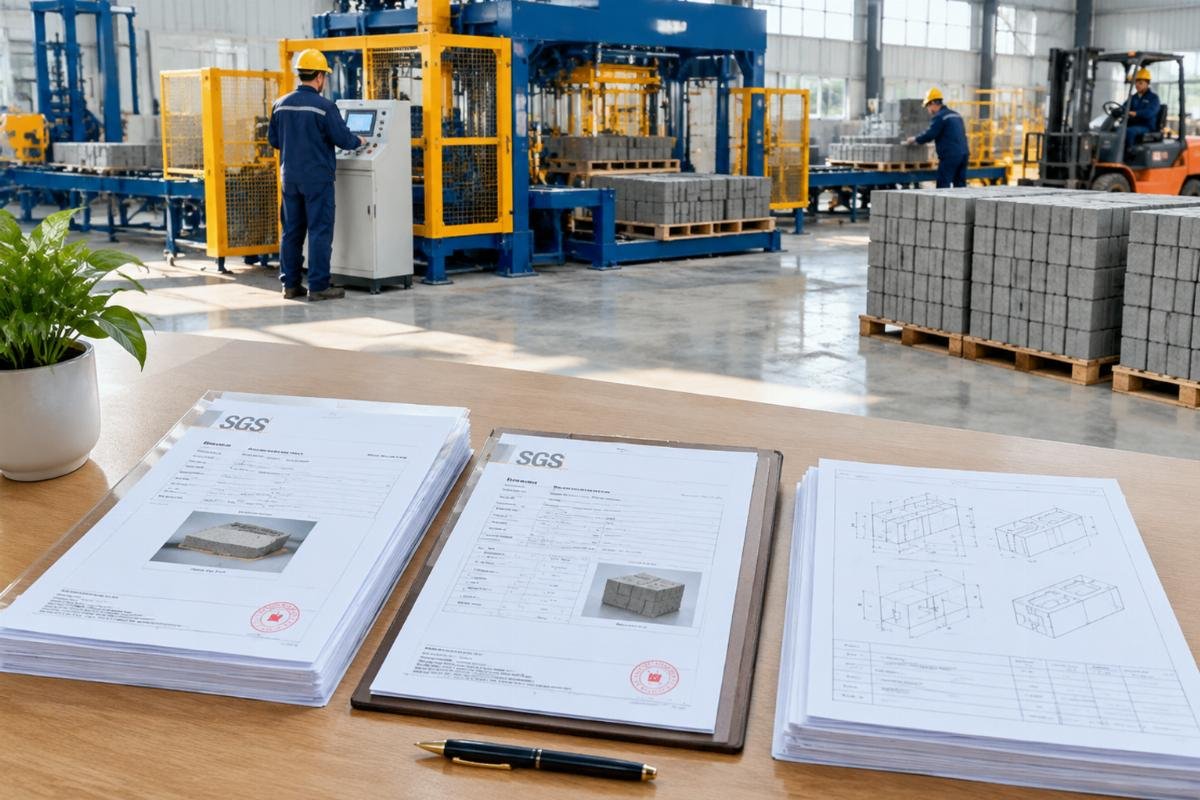 Photo of a neatly organized set of export documents including SGS reports and technical specification sheets