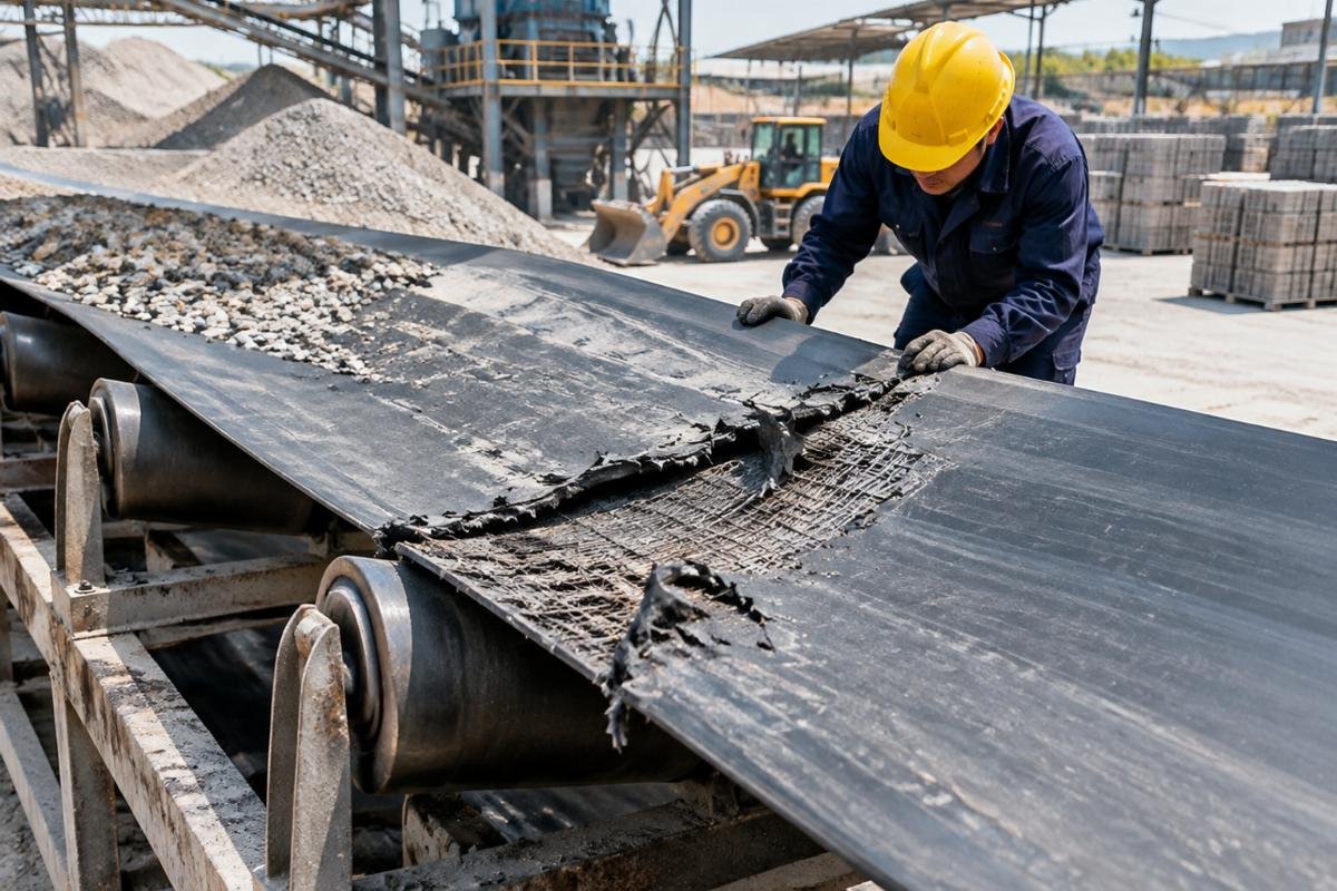 Photo of a torn conveyor belt splice at an aggregate plant, illustrating the failure mode of non-certified belts
