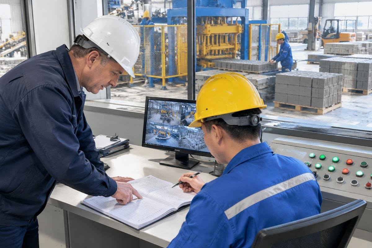 Plant manager reviewing signed maintenance logbook with operator in control room