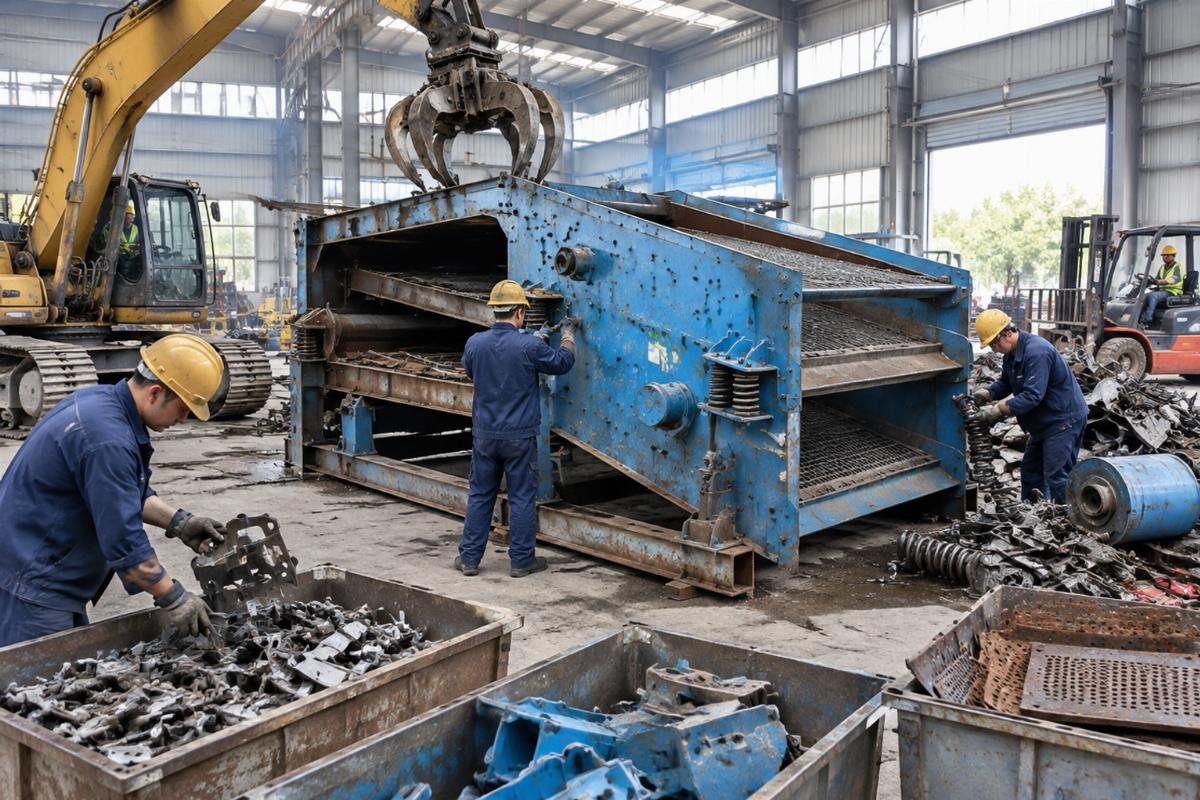 Professional recycling team using heavy machinery to dismantle and sort components from an industrial sand screening machine
