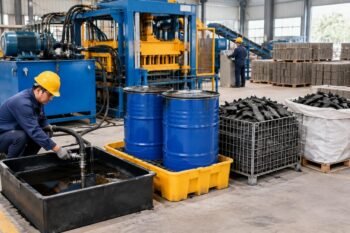 Proper containment and labeling of hydraulic oil and rubber waste from industrial screening equipment disposal
