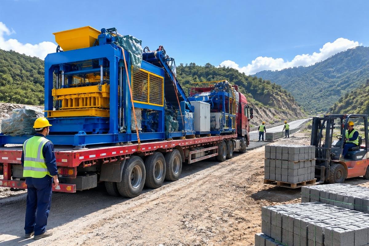 QMY6-25 mobile block machine being transported to a remote construction site for a road paving project
