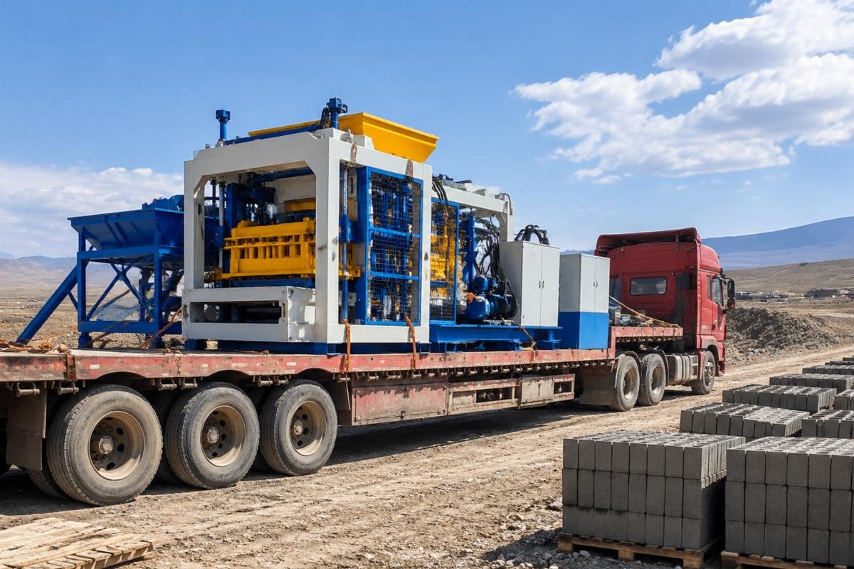 Scene of the QMY10-15 mobile block machine being transported on a flatbed truck to a new site in a remote area