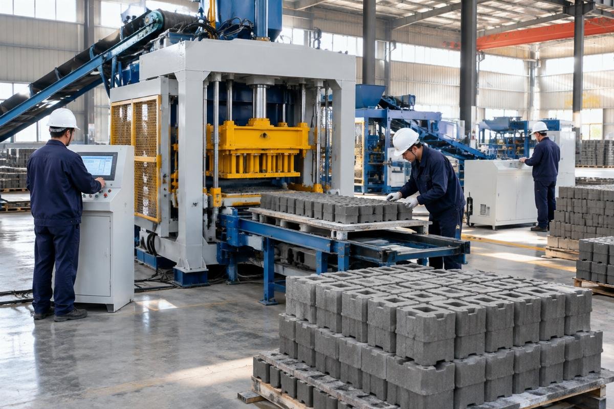 Shiyue QT series interlocking block machine undergoing final compliance testing before shipment