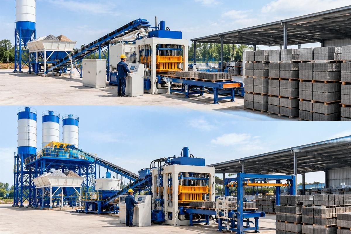 Side-by-side comparison illustration of a QT4-15 and QT12-15 block machine connected to different sizes of batching plants