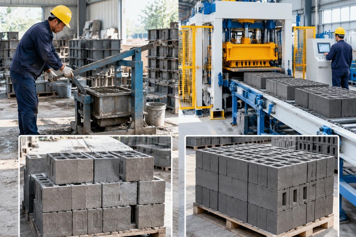 Side-by-side comparison of blocks produced by manual pressing versus PLC-controlled automatic pressing showing dimensional consistency