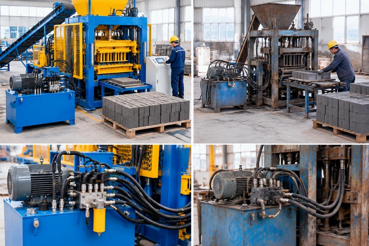 Side-by-side comparison of QMY6-25 mobile block machine and older manual models showing hydraulic system upgrades