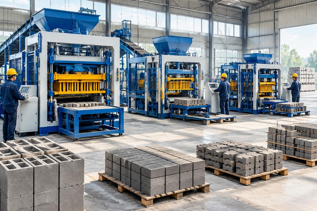 Side by side view of different QT series block machines showing size differences and application scenarios