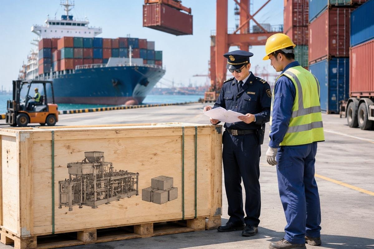 Stack of shipping containers at a port with a customs inspector reviewing documents next to a crate labeled with machinery HS codes
