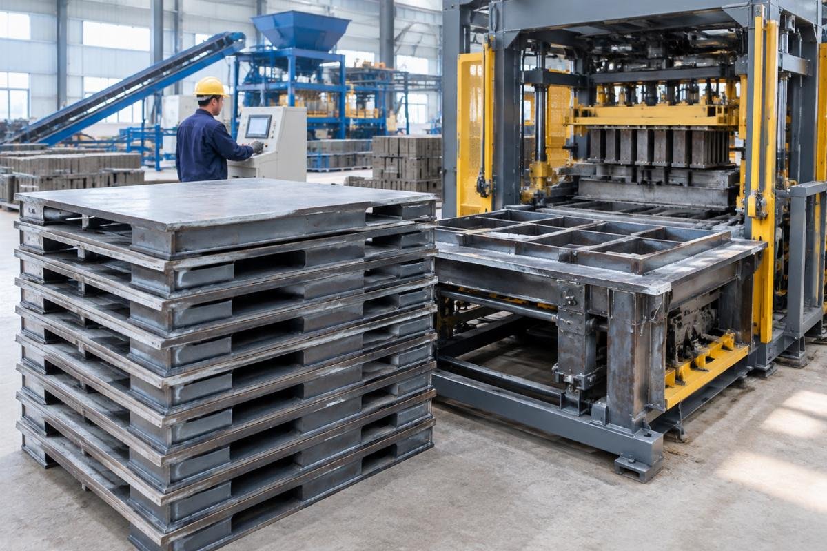 Stack of standardized steel pallets aligned next to a QT5-15 block machine mold
