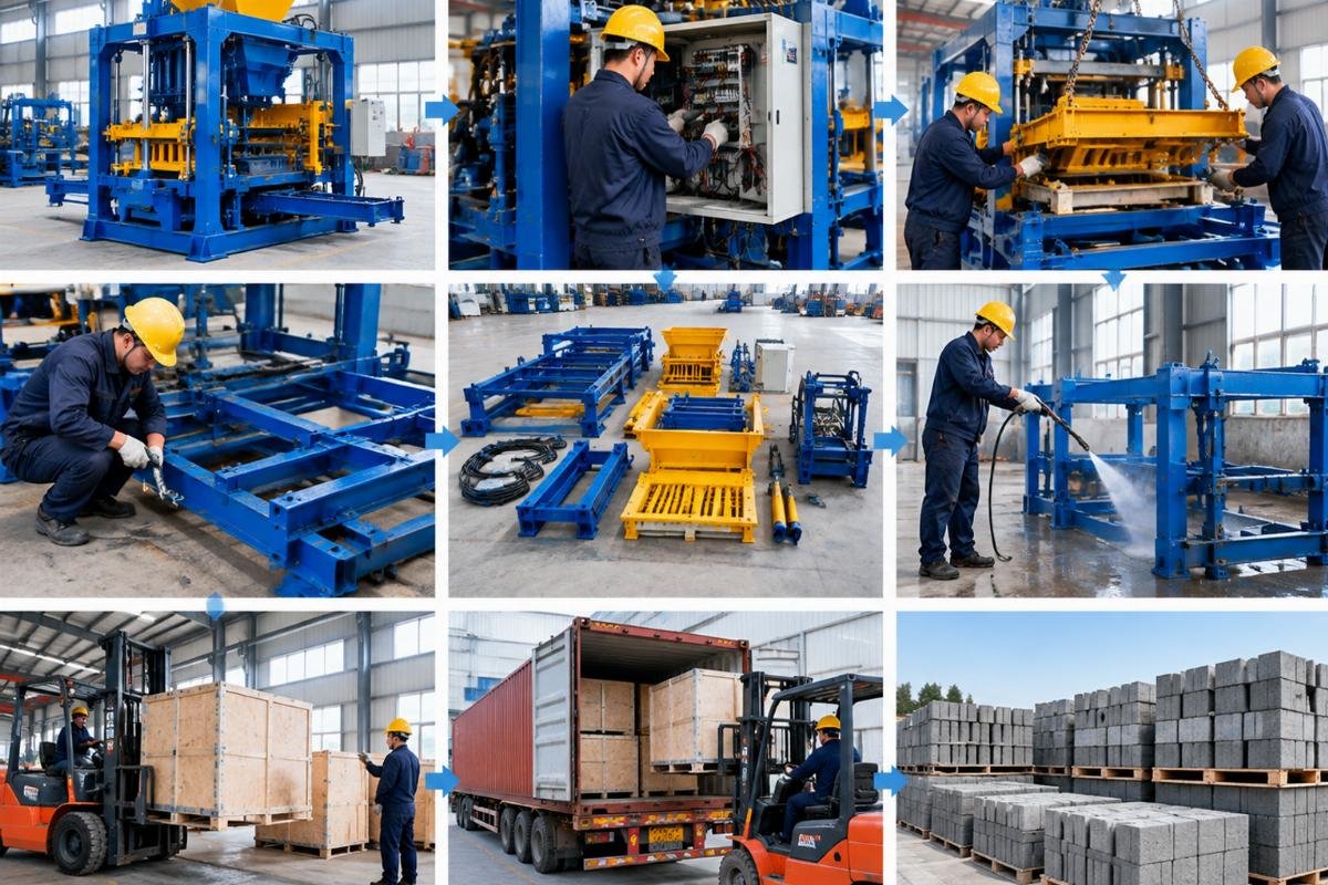 Step-by-step visual guide showing the disassembly and packing sequence of a QT6-15 paver block machine