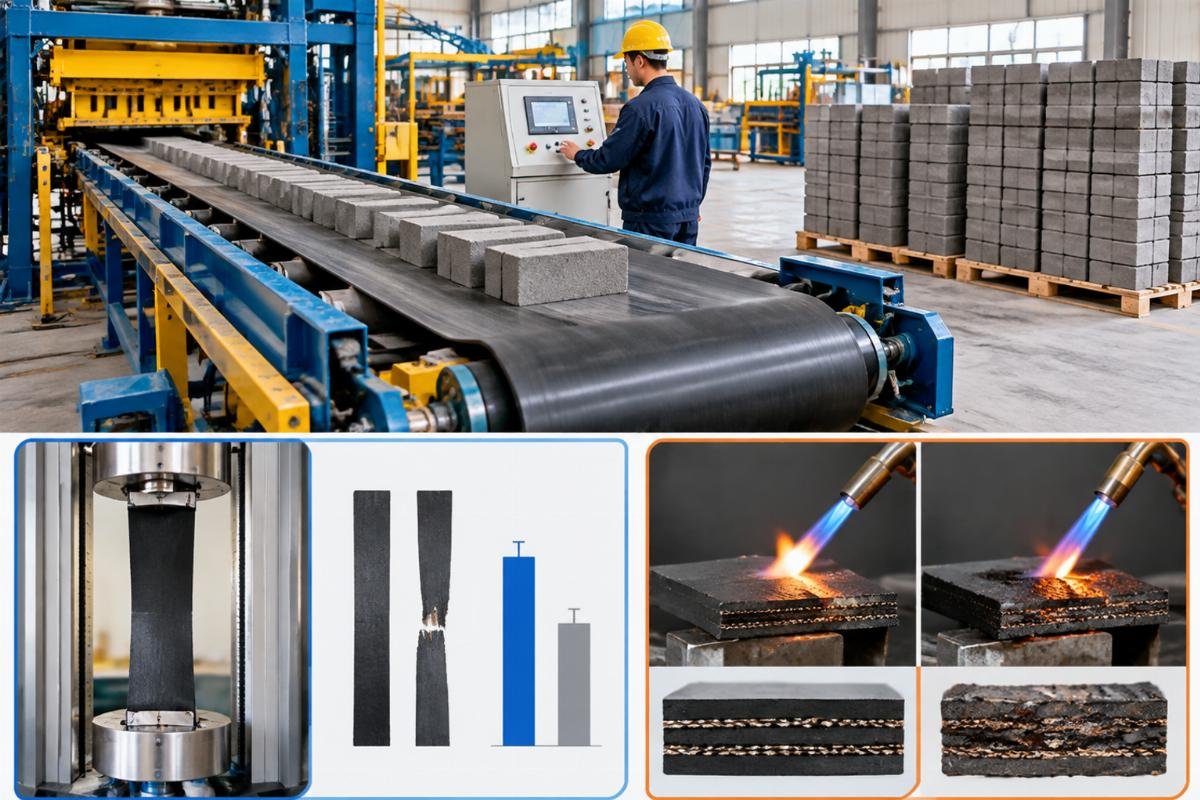 Technical chart showing tensile strength and fire resistance test results for a cCSA certified belt conveyor compared to standard belts