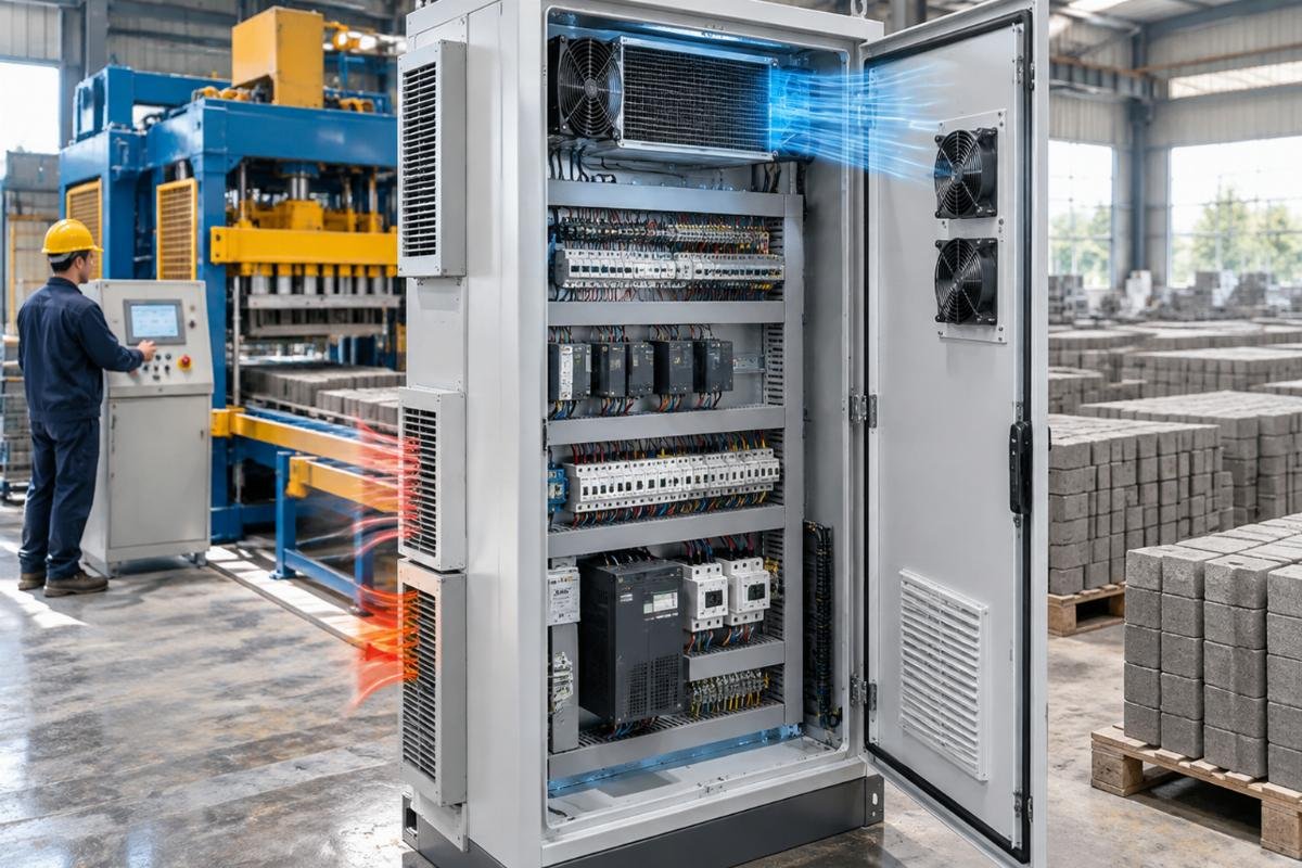 Technical diagram of a PLC control cabinet with enhanced cooling features for continuous operation