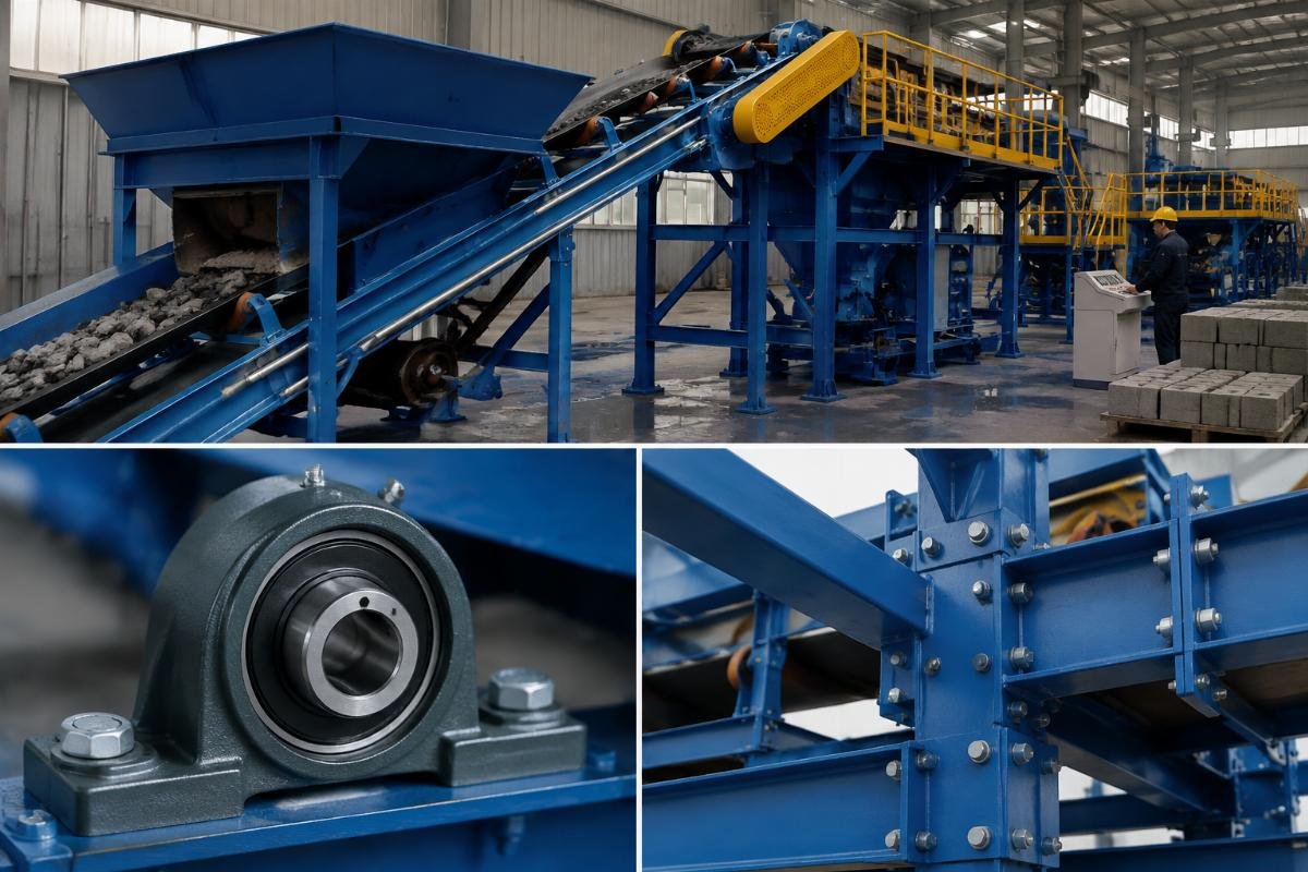 Technical diagram showing sealed idler bearings and modular frame connections for a heavy duty aggregate conveyor system