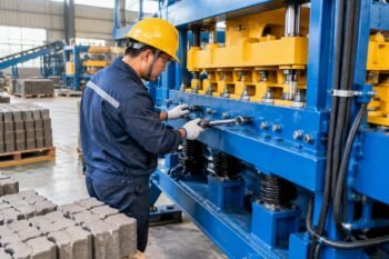 Technical engineer performing vibration bolt torque check on interlocking block machine