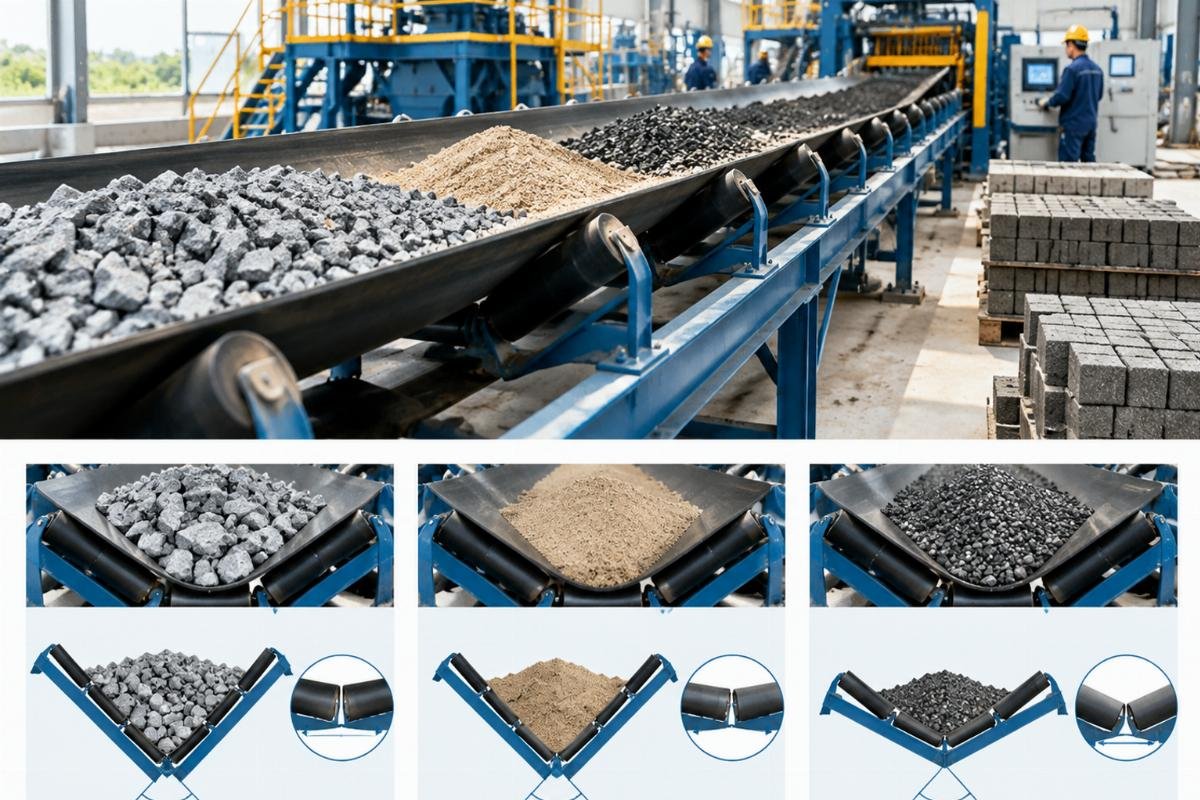 Technical illustration comparing idler spacing and trough angles for different aggregate types in a conveyor system