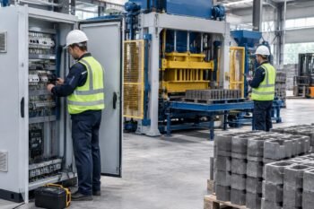 Technical inspection of a CE Certified Interlocking Block Machine for Germany Sale focusing on electrical cabinet compliance