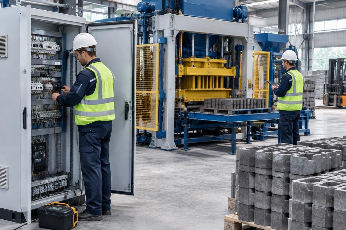 Technical inspection of a CE Certified Interlocking Block Machine for Germany Sale focusing on electrical cabinet compliance