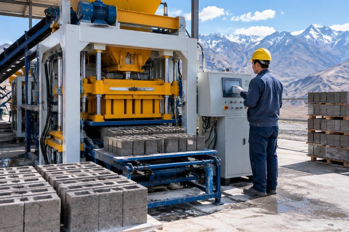 Technician adjusting vibration parameters on a QT4-15 concrete block machine in high altitude