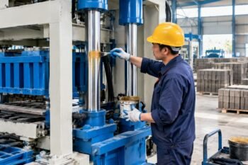 Technician applying anti-rust grease to the chrome piston rods of a QMY mobile block machine before long-term storage