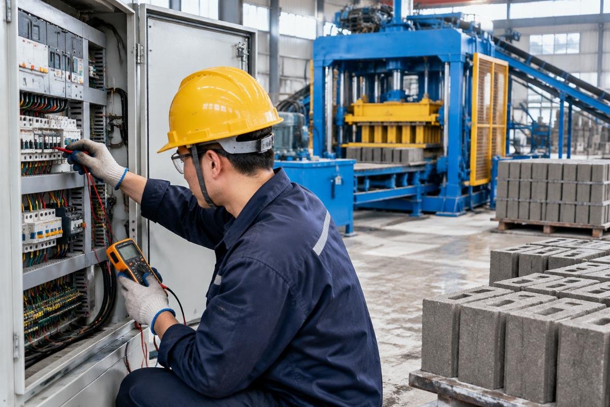 Technician checking electrical connections and voltage levels on the control panel of a block making machine