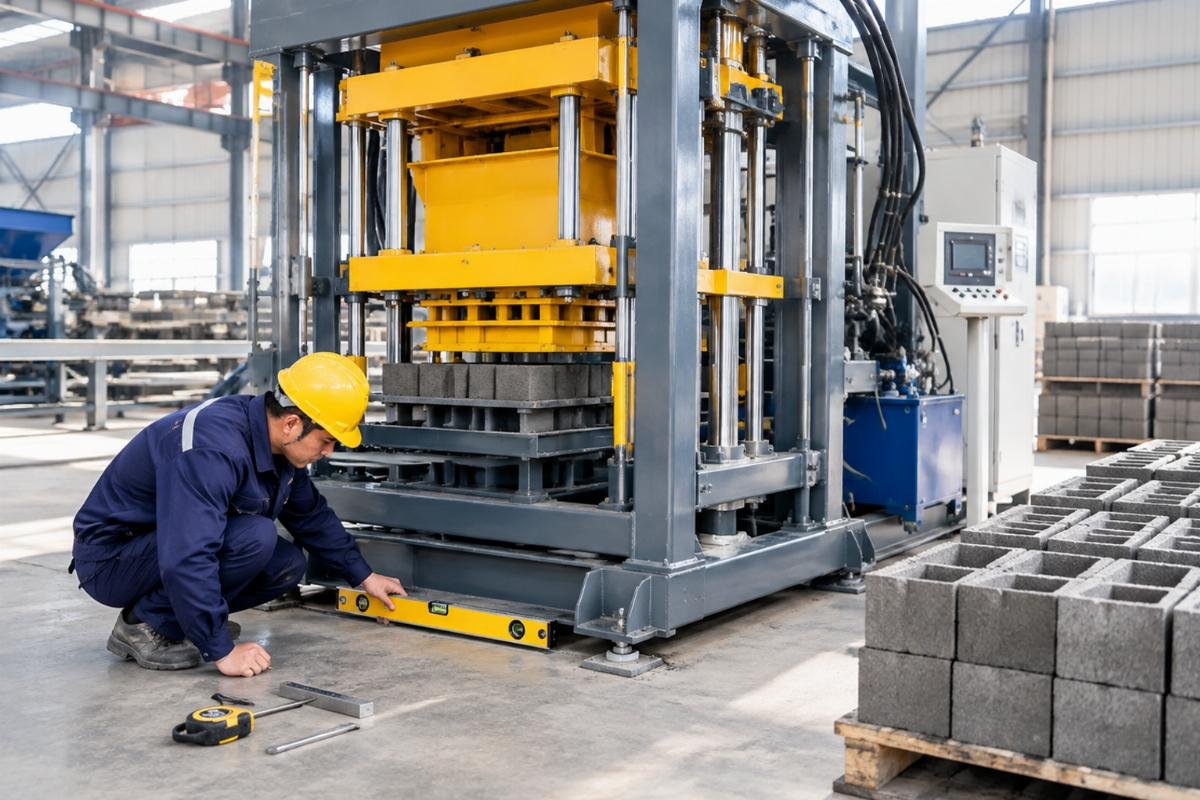 Technician checking foundation levelness of a QT hollow block machine installation using precision tools