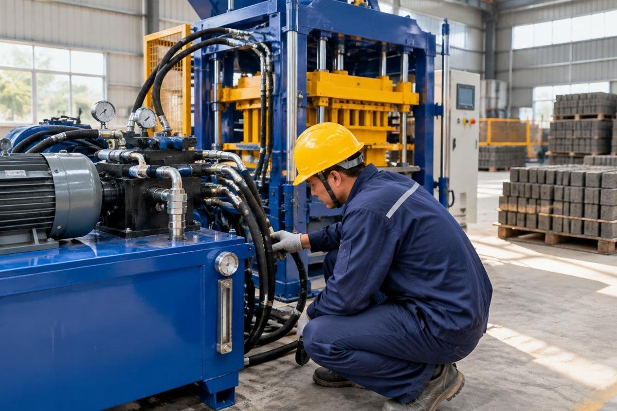 Technician checking hydraulic oil levels and hose connections on a concrete block machine before startup