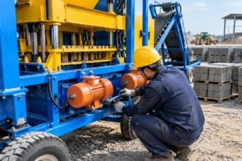 Technician checking vibration motor bolts on a QMY series mobile block machine at a construction site
