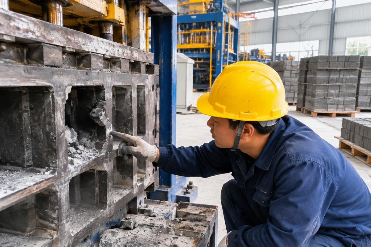 Technician inspecting a damaged mold cavity caused by oversized aggregate