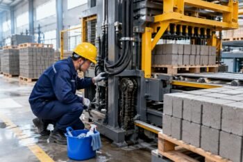 Technician inspecting hydraulic seals and chain drives during weekly deep sanitization of a palletizer