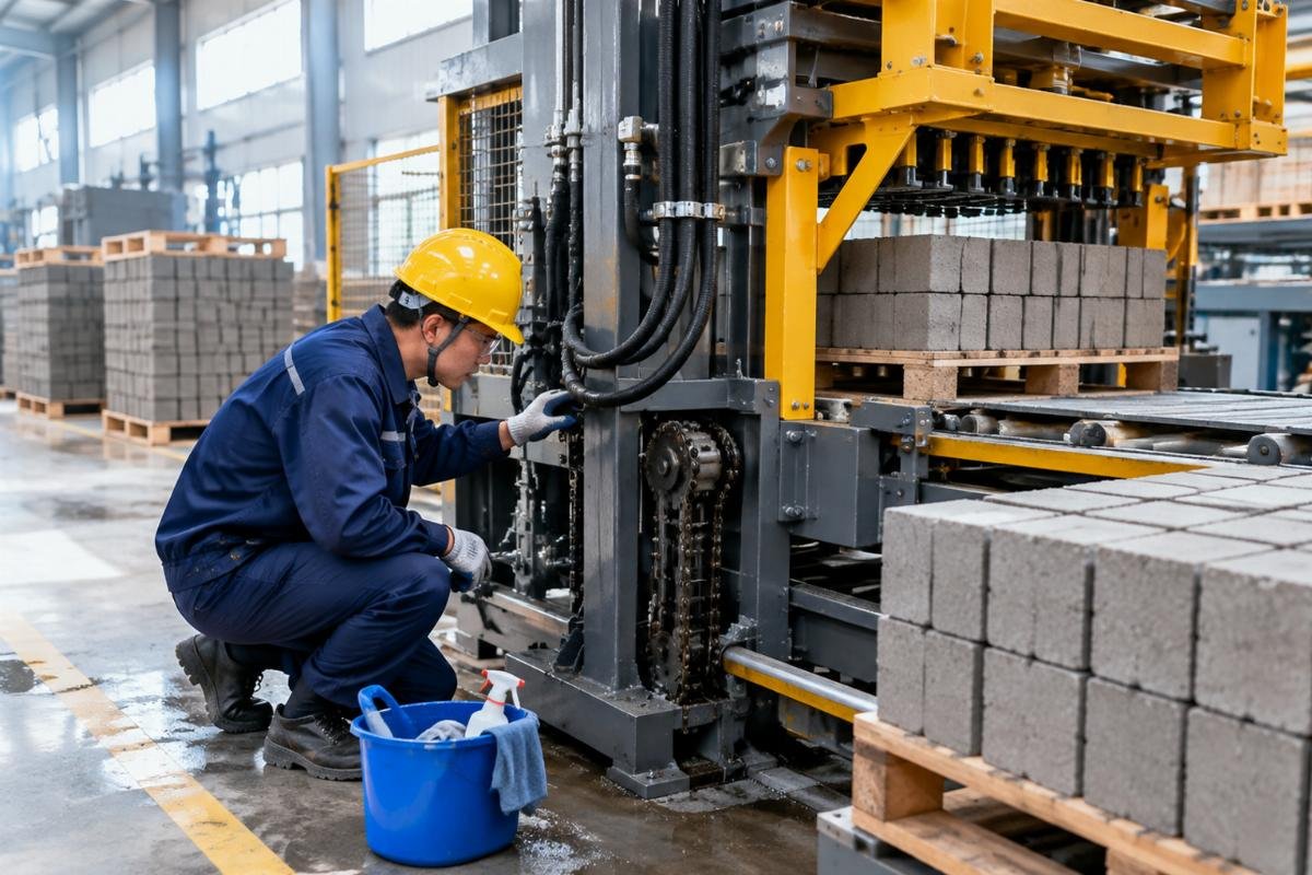Technician inspecting hydraulic seals and chain drives during weekly deep sanitization of a palletizer