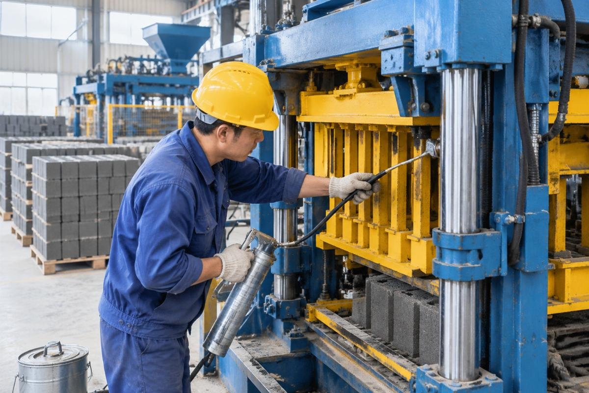 Technician performing daily lubrication on the guide posts of a QT series block machine