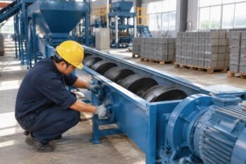 Technician performing manual rotation check on a screw conveyor during off-season maintenance
